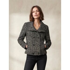 Y2K Gap Tweed Pea Coat Jacket Women XS Black Double Breasted Cropped 2000s